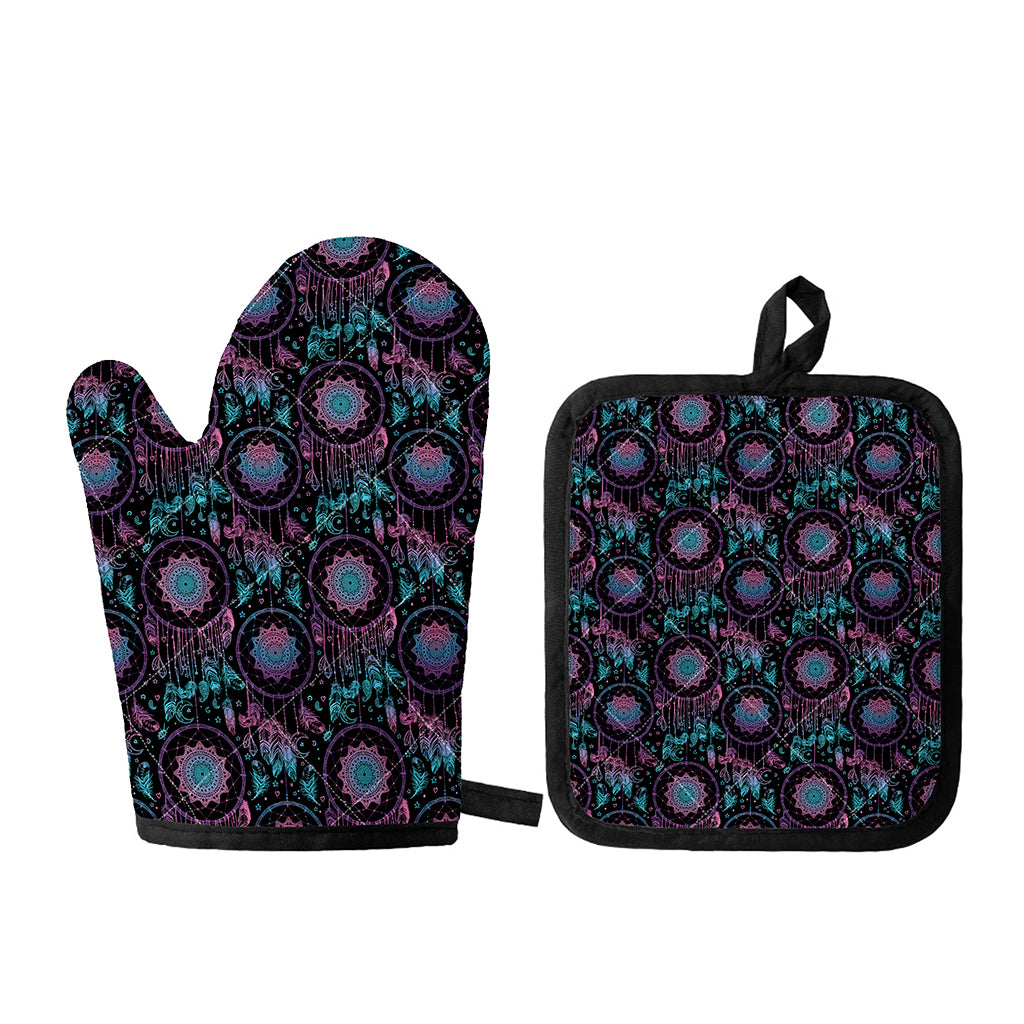 Purple And Blue Dream Catcher Print Oven Mitt And Pot Holder Set