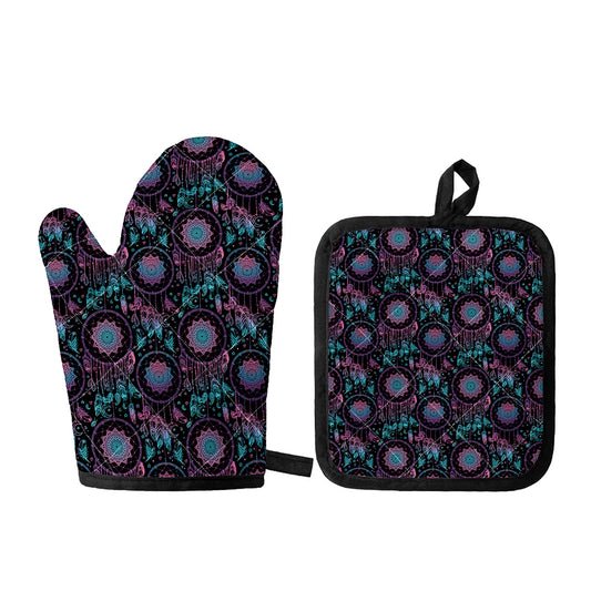 Purple And Blue Dream Catcher Print Oven Mitt And Pot Holder Set