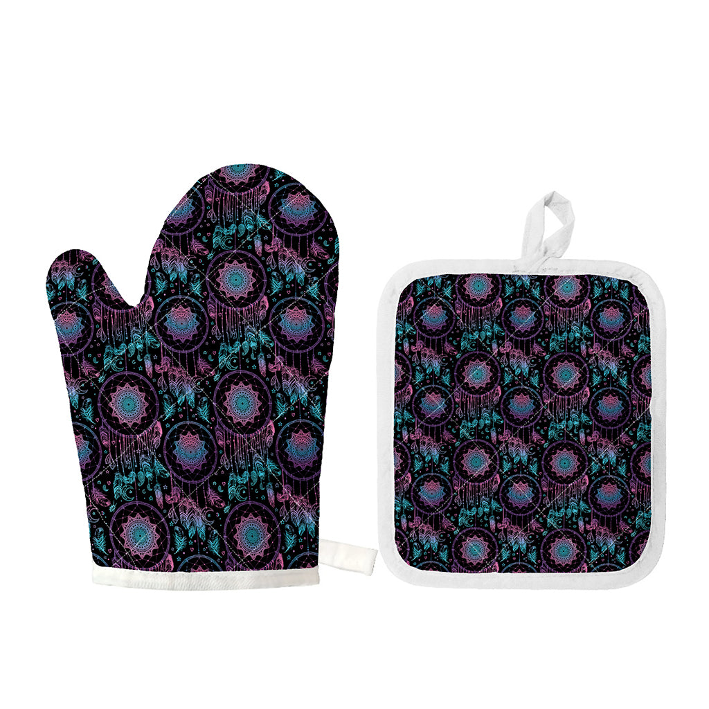 Purple And Blue Dream Catcher Print Oven Mitt And Pot Holder Set