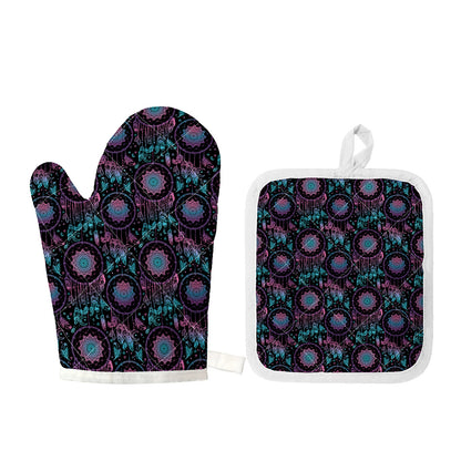 Purple And Blue Dream Catcher Print Oven Mitt And Pot Holder Set