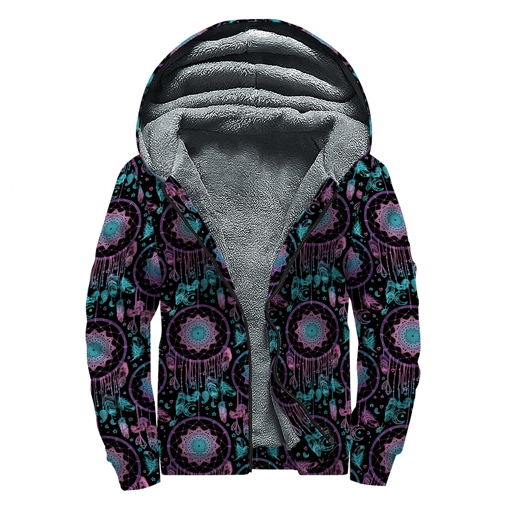 Purple And Blue Dream Catcher Print Sherpa Lined Zip Up Hoodie