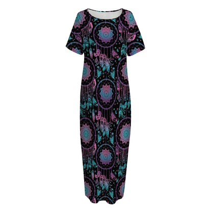 Purple And Blue Dream Catcher Print Short Sleeve Long Nightdress