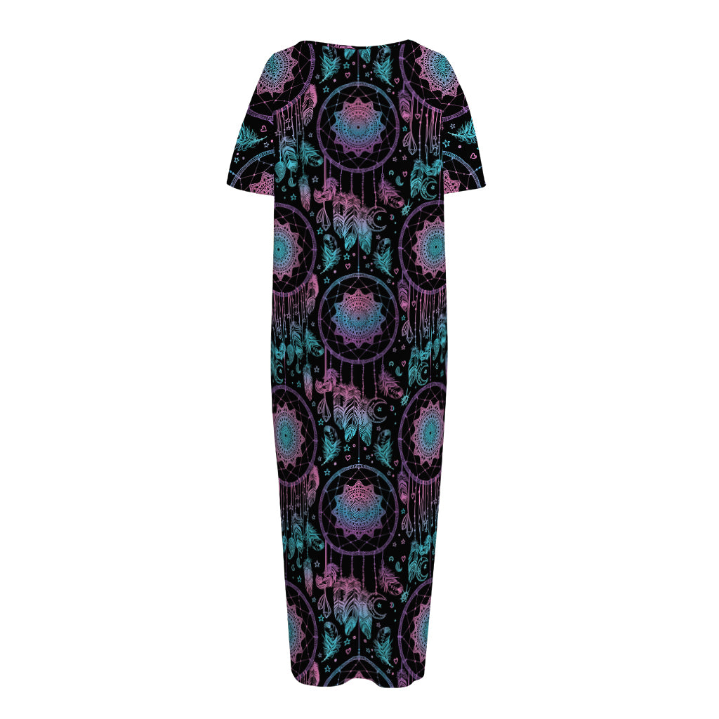 Purple And Blue Dream Catcher Print Short Sleeve Long Nightdress