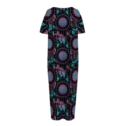 Purple And Blue Dream Catcher Print Short Sleeve Long Nightdress
