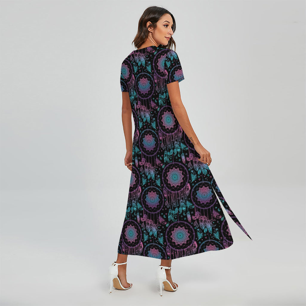 Purple And Blue Dream Catcher Print Short Sleeve Maxi Dress