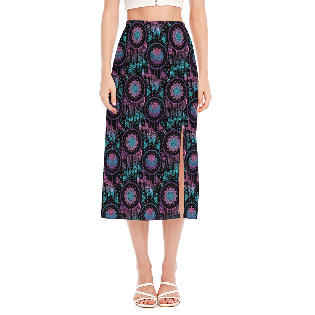 Purple And Blue Dream Catcher Print Side Slit Midi Skirt