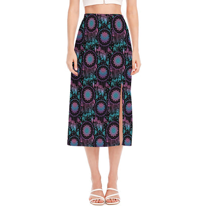 Purple And Blue Dream Catcher Print Side Slit Midi Skirt