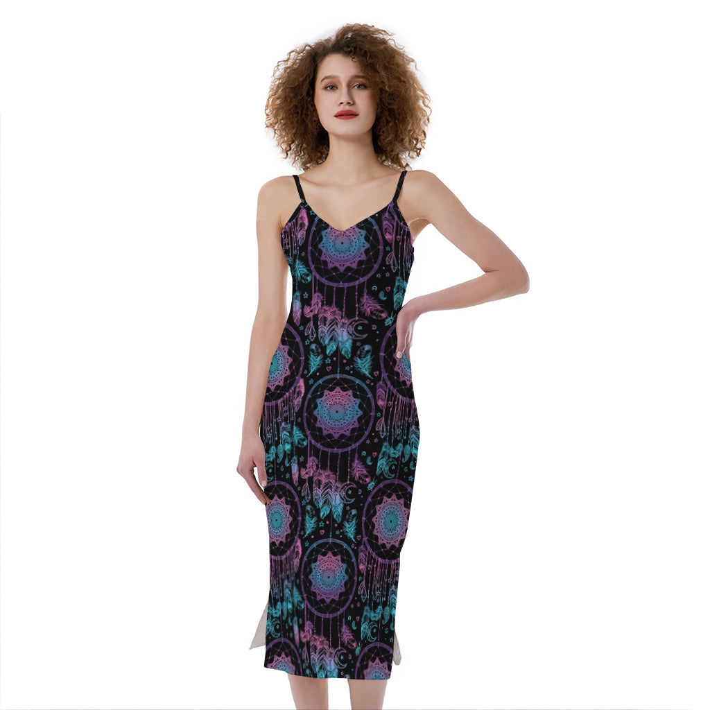 Purple And Blue Dream Catcher Print Slim Fit Midi Cami Dress