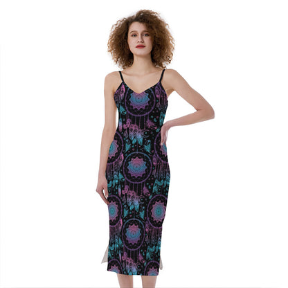 Purple And Blue Dream Catcher Print Slim Fit Midi Cami Dress