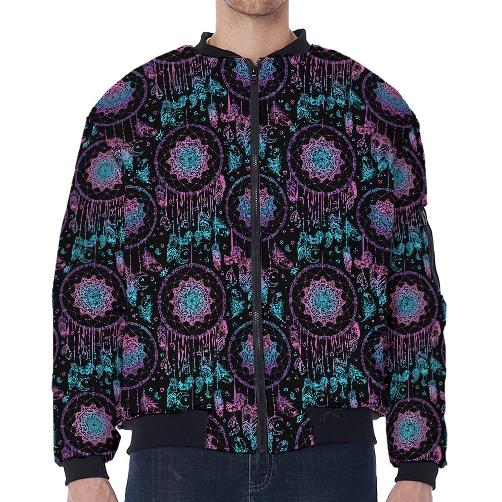 Purple And Blue Dream Catcher Print Zip Sleeve Bomber Jacket