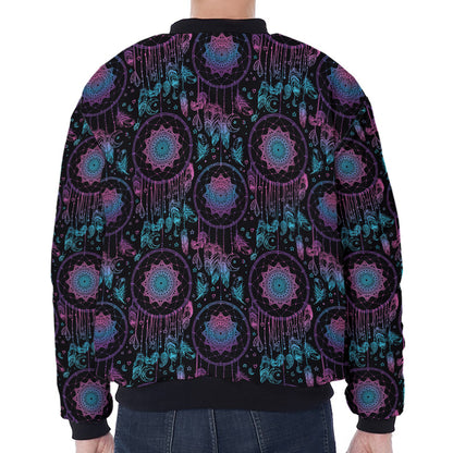 Purple And Blue Dream Catcher Print Zip Sleeve Bomber Jacket