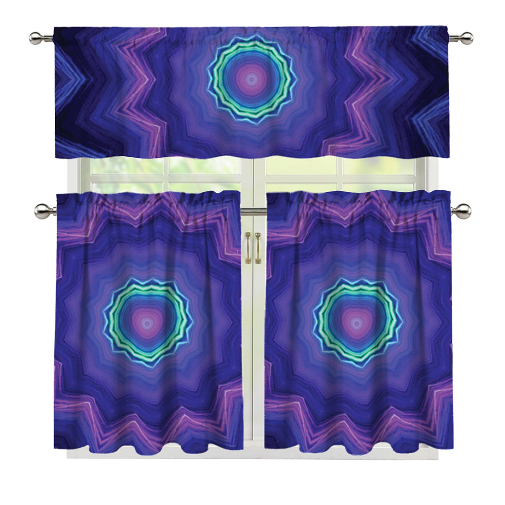 Purple And Blue Kaleidoscope Print 3 Piece Kitchen Curtains