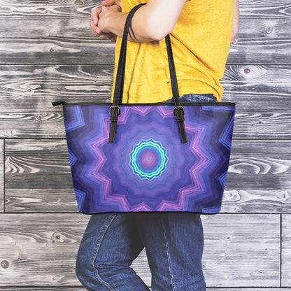 Purple And Blue Kaleidoscope Print Leather Tote Bag
