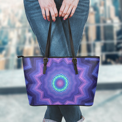 Purple And Blue Kaleidoscope Print Leather Tote Bag