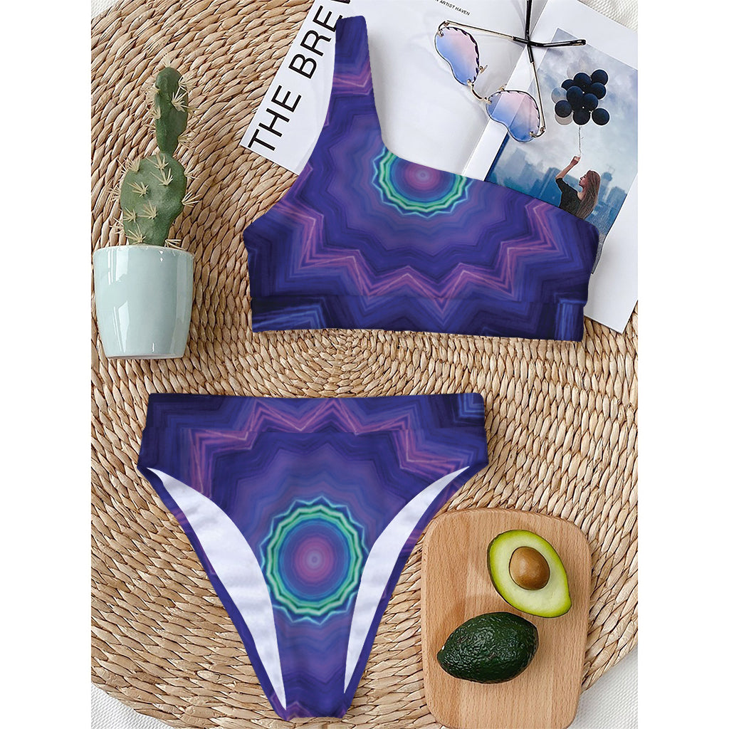 Purple And Blue Kaleidoscope Print One Shoulder Bikini Top