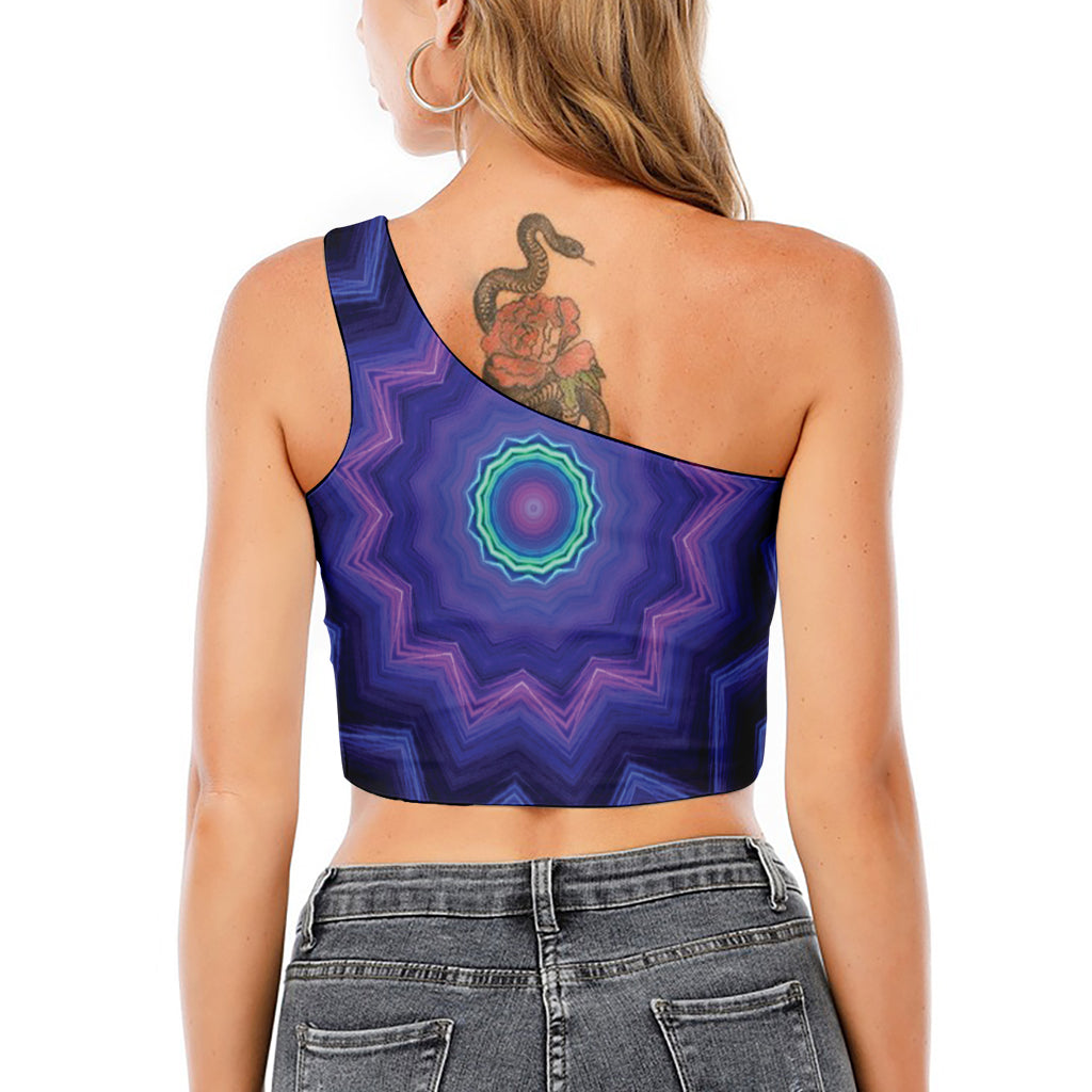 Purple And Blue Kaleidoscope Print One Shoulder Crop Top