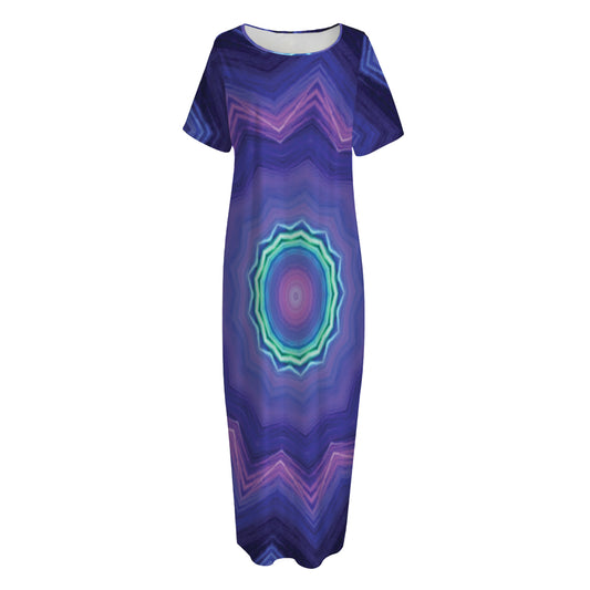 Purple And Blue Kaleidoscope Print Short Sleeve Long Nightdress