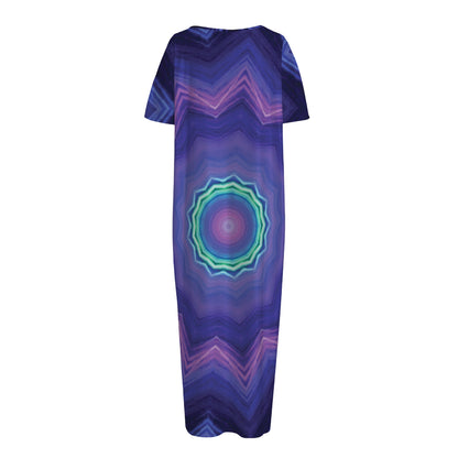 Purple And Blue Kaleidoscope Print Short Sleeve Long Nightdress