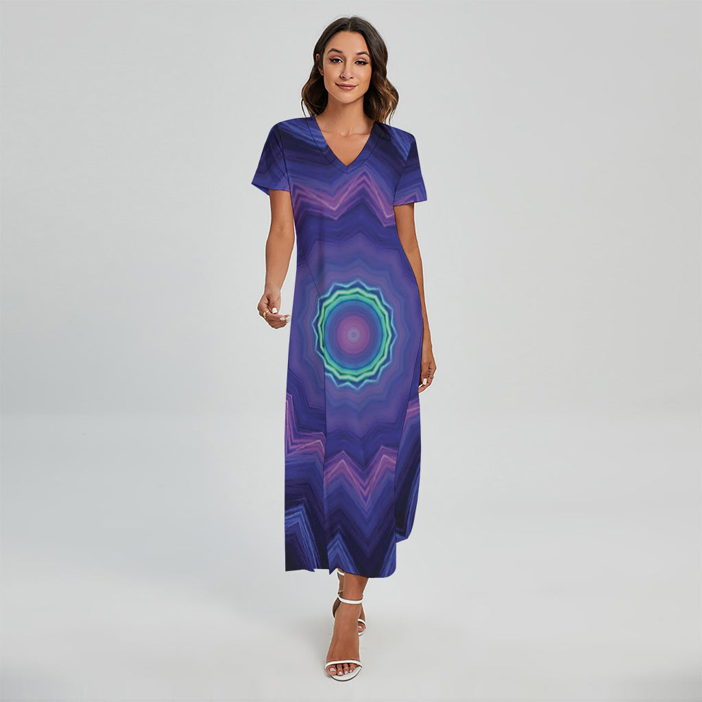Purple And Blue Kaleidoscope Print Short Sleeve Maxi Dress