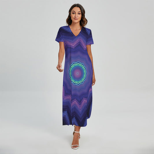 Purple And Blue Kaleidoscope Print Short Sleeve Maxi Dress