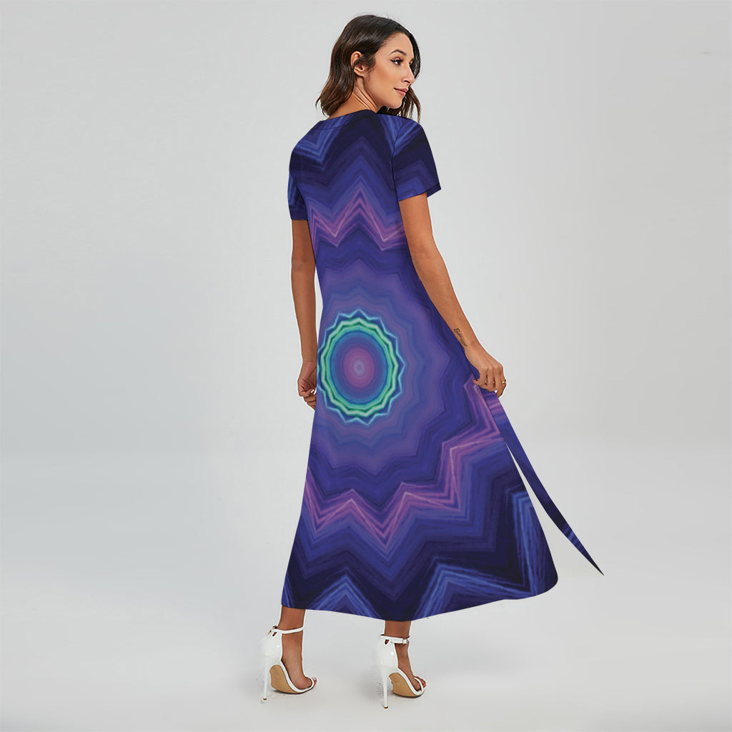 Purple And Blue Kaleidoscope Print Short Sleeve Maxi Dress