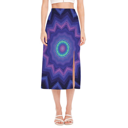 Purple And Blue Kaleidoscope Print Side Slit Midi Skirt