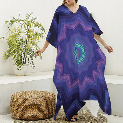 Purple And Blue Kaleidoscope Print Silk V-Neck Kaftan Dress