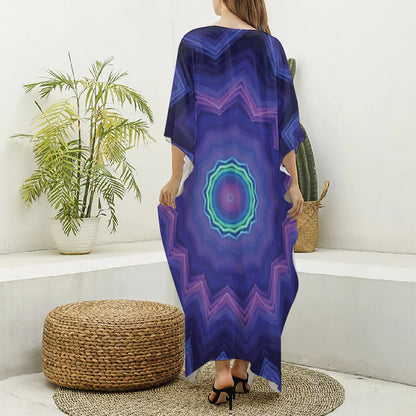 Purple And Blue Kaleidoscope Print Silk V-Neck Kaftan Dress