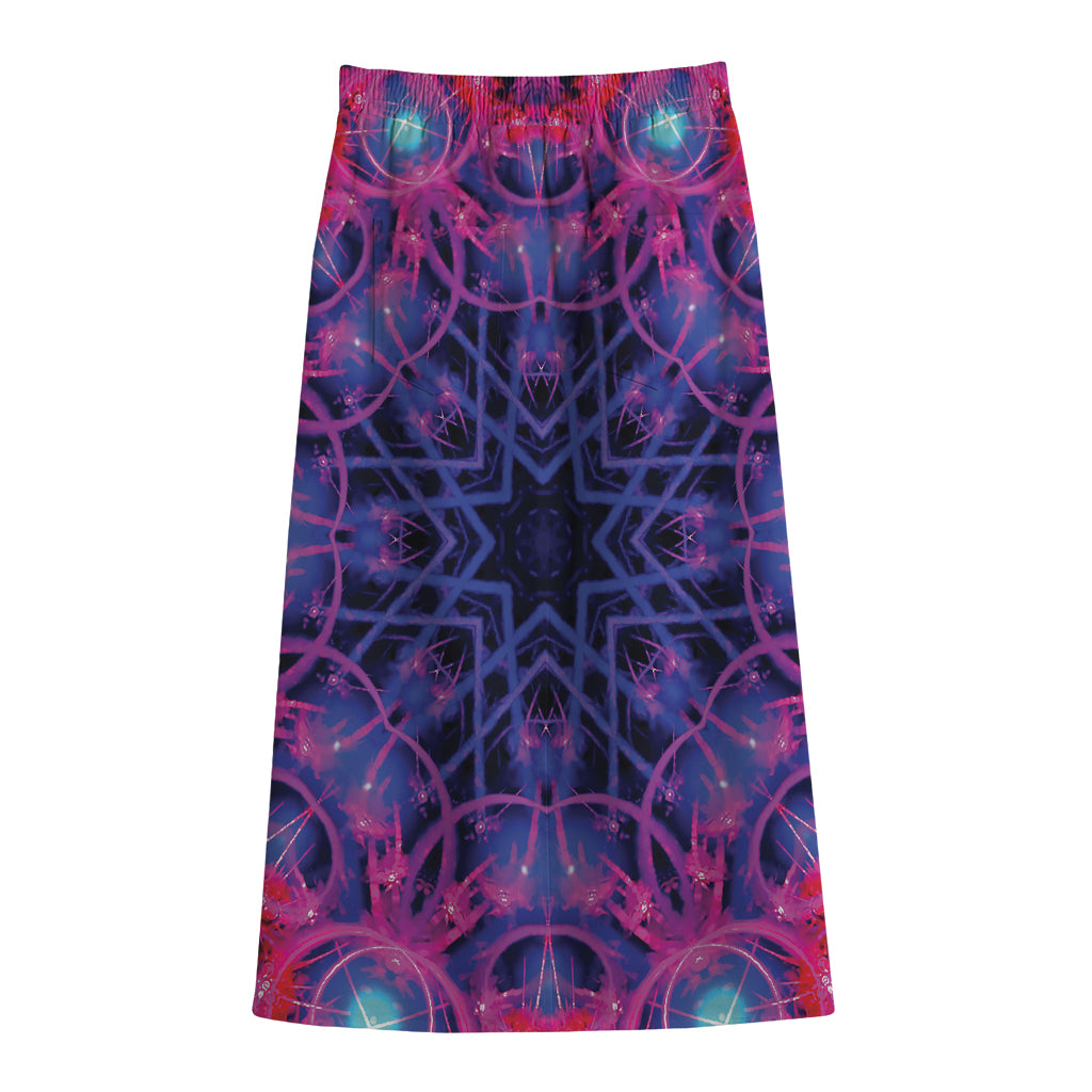 Purple And Blue Light Mandala Print Cotton Front Slit Maxi Skirt