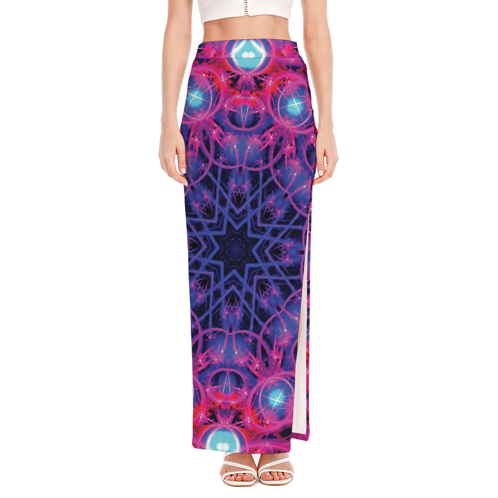 Purple And Blue Light Mandala Print High Slit Maxi Skirt