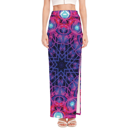 Purple And Blue Light Mandala Print High Slit Maxi Skirt