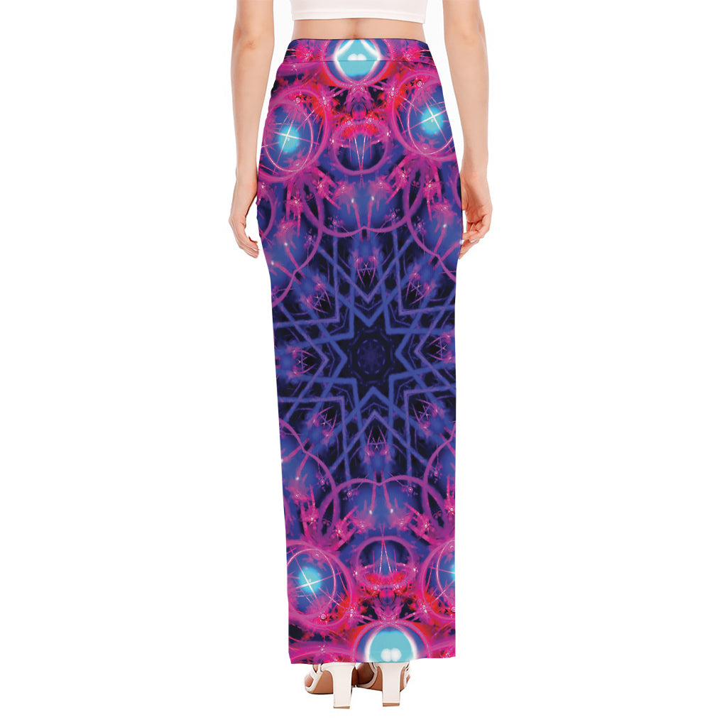 Purple And Blue Light Mandala Print High Slit Maxi Skirt