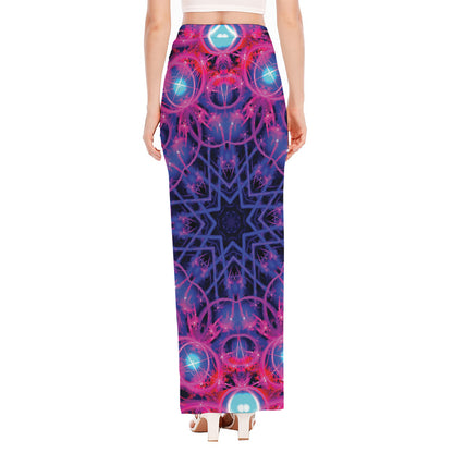 Purple And Blue Light Mandala Print High Slit Maxi Skirt