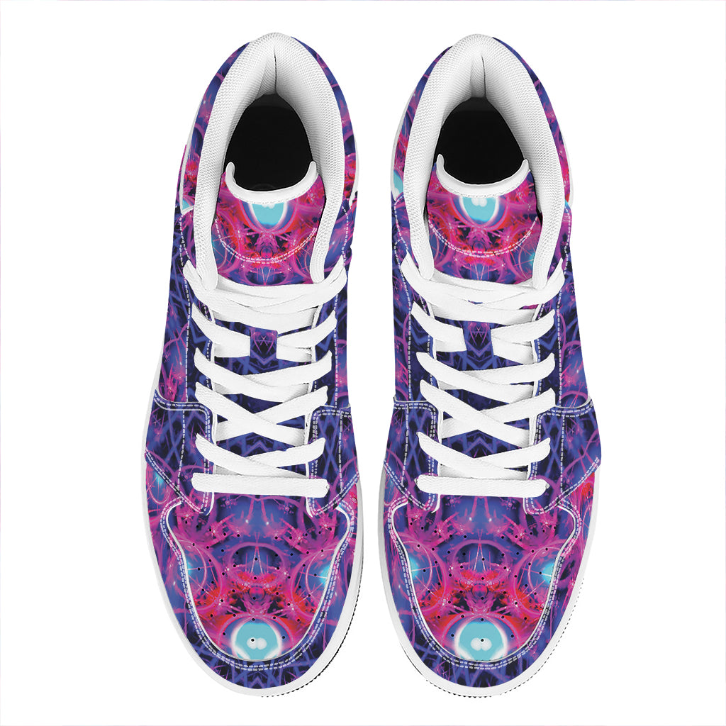 Purple And Blue Light Mandala Print High Top Leather Sneakers