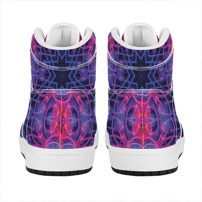 Purple And Blue Light Mandala Print High Top Leather Sneakers