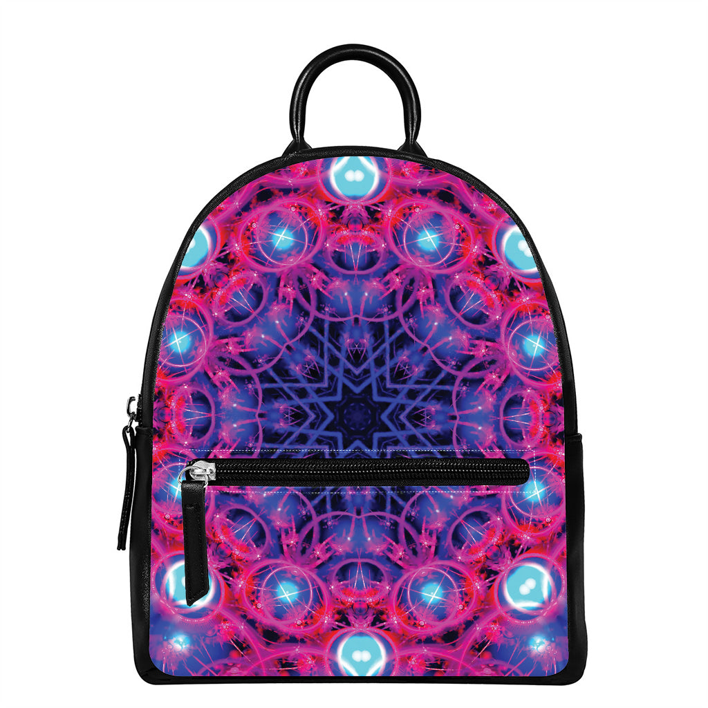 Purple And Blue Light Mandala Print Leather Backpack