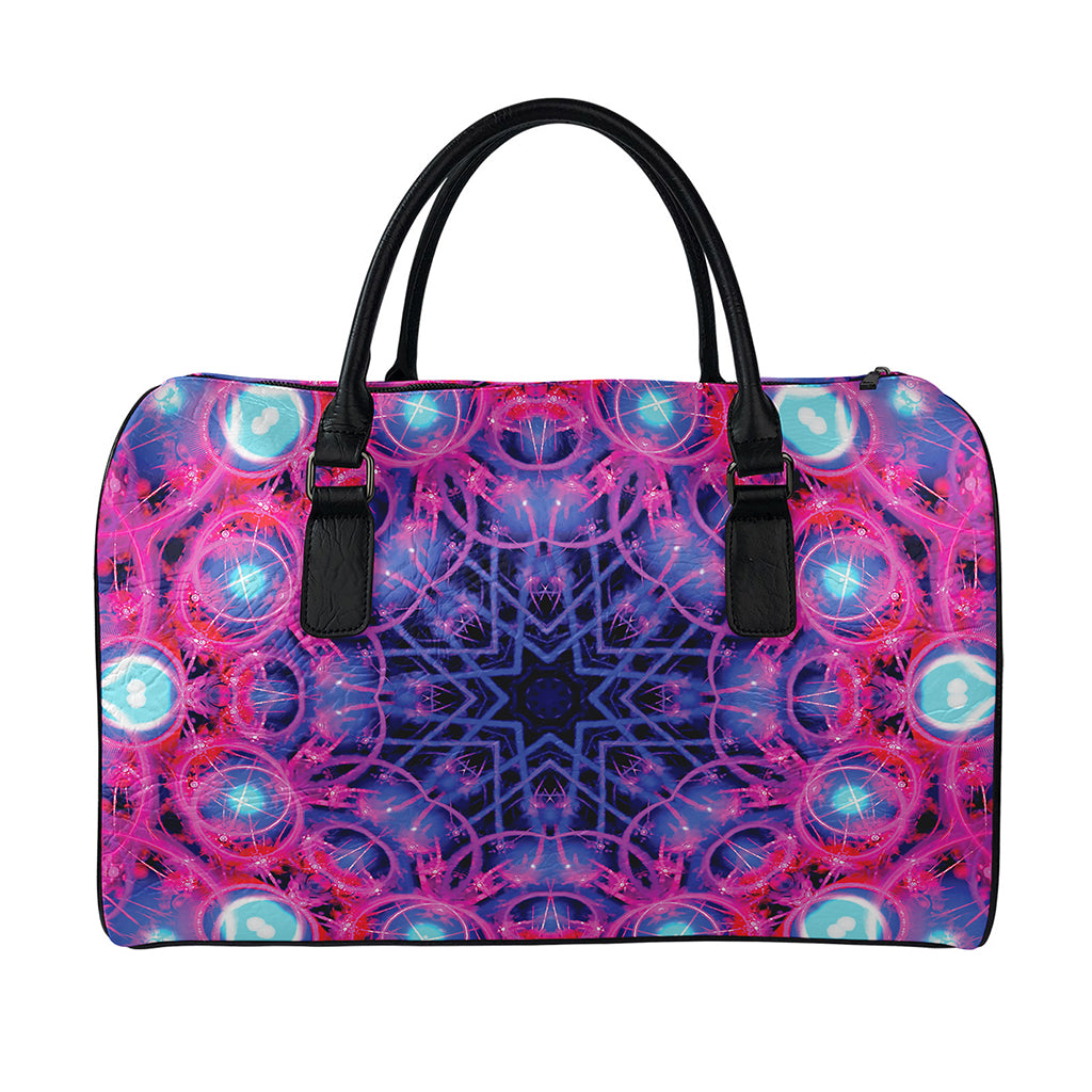Purple And Blue Light Mandala Print Leather Duffle Bag