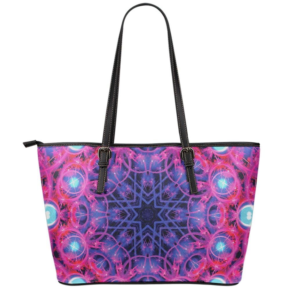 Purple And Blue Light Mandala Print Leather Tote Bag