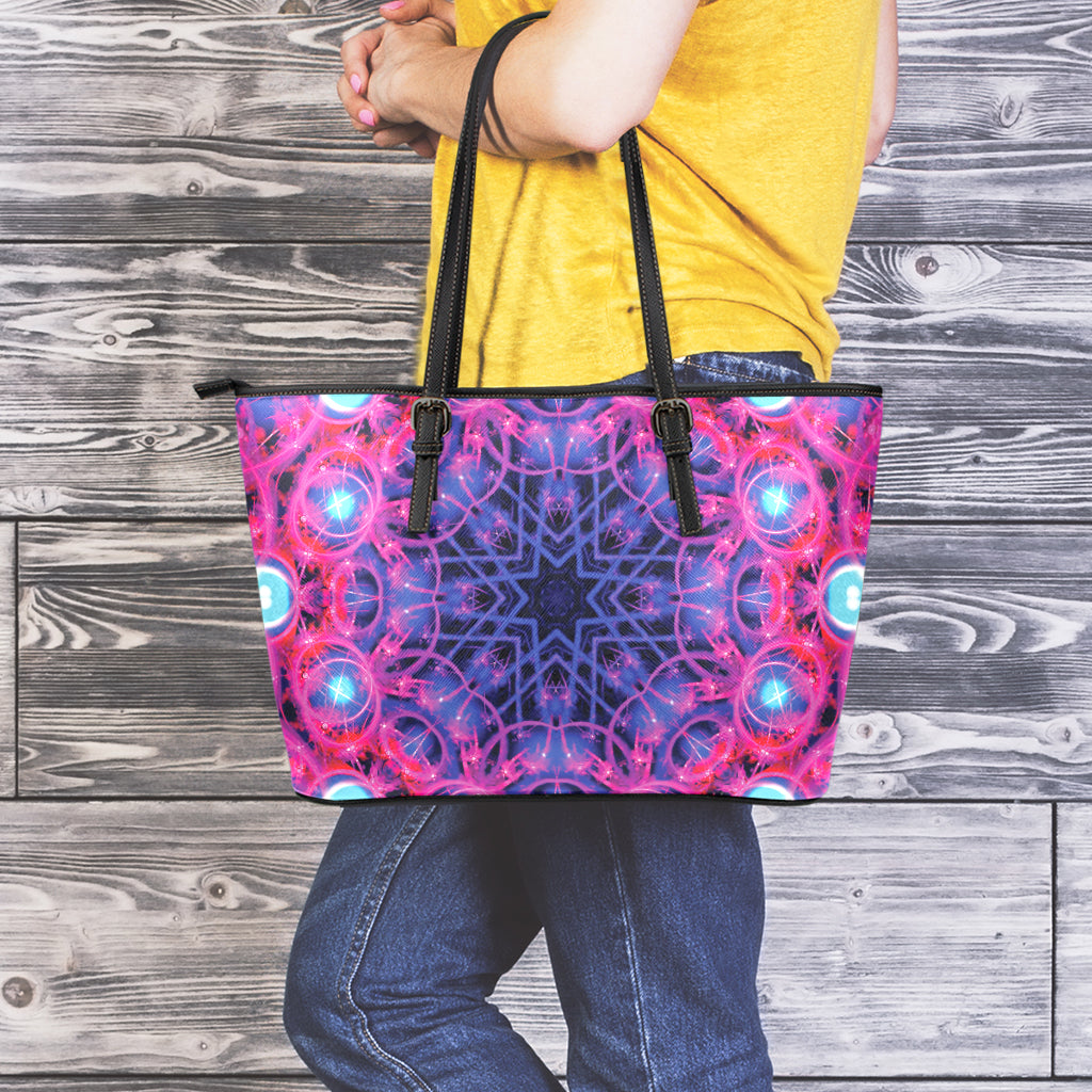Purple And Blue Light Mandala Print Leather Tote Bag