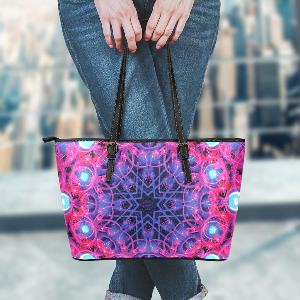 Purple And Blue Light Mandala Print Leather Tote Bag