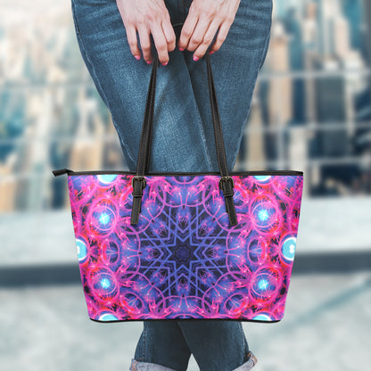 Purple And Blue Light Mandala Print Leather Tote Bag