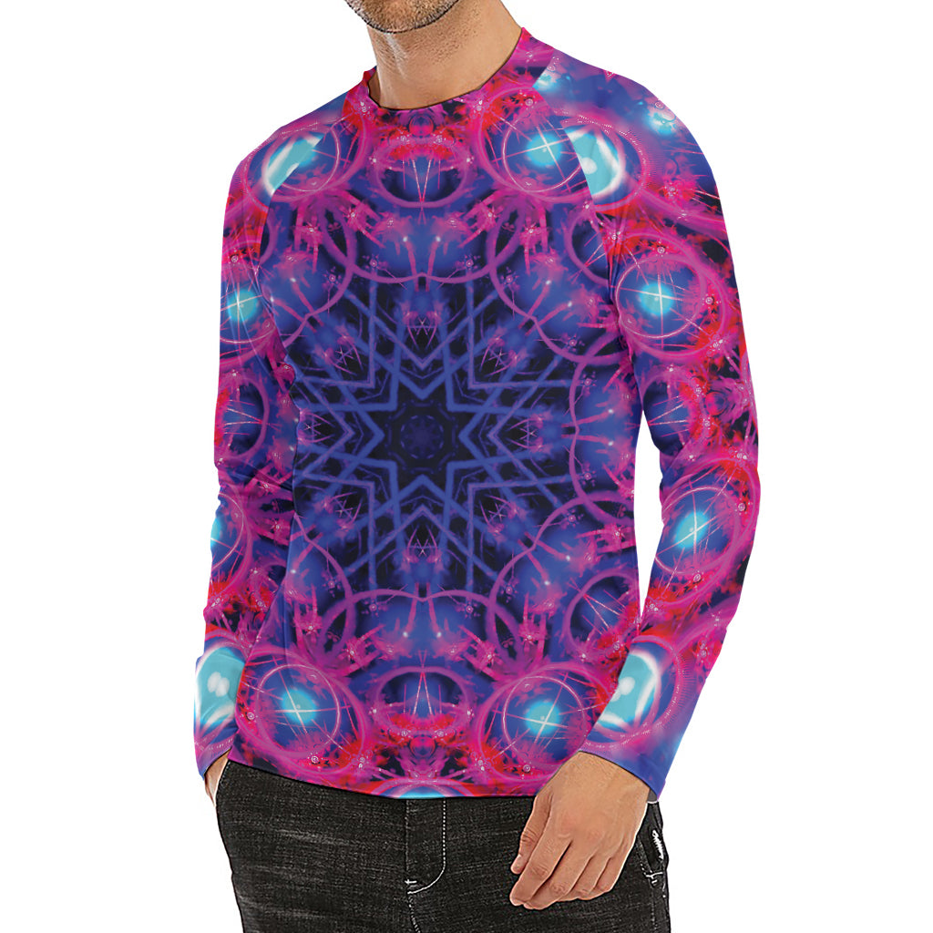 Purple And Blue Light Mandala Print Men's Long Sleeve Rash Guard