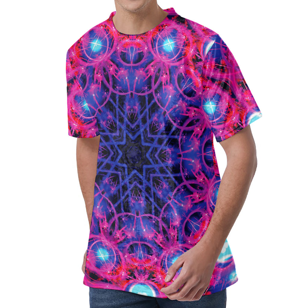 Purple And Blue Light Mandala Print Men's Velvet T-Shirt