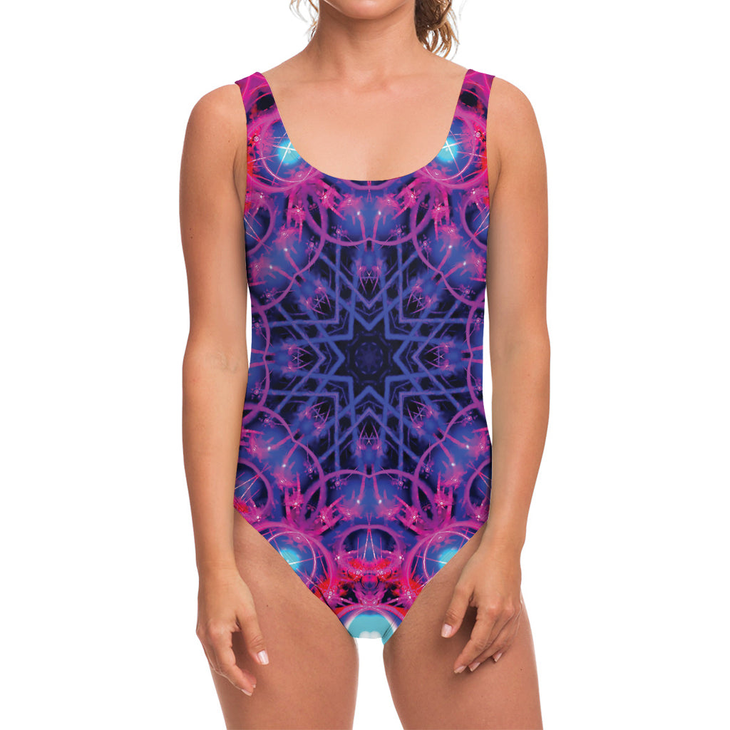 Purple And Blue Light Mandala Print One Piece Swimsuit