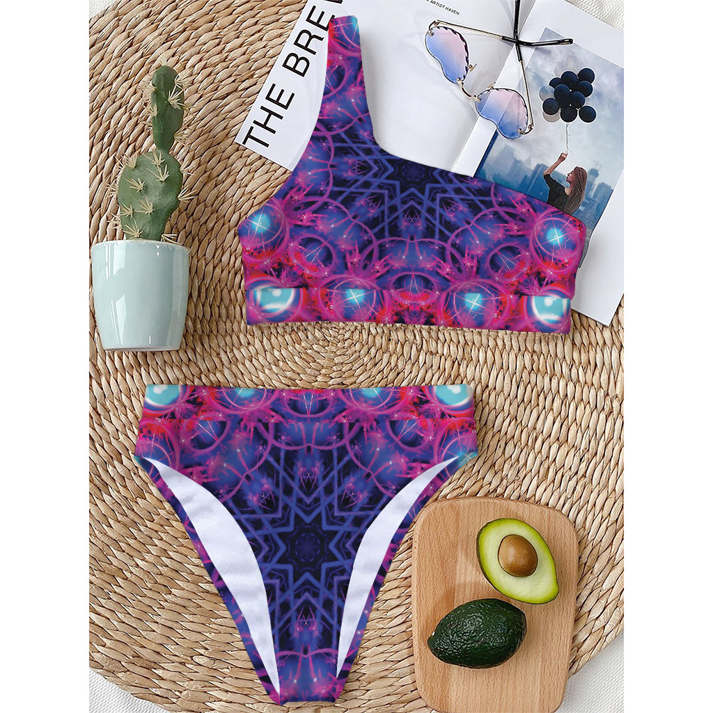 Purple And Blue Light Mandala Print One Shoulder Bikini Top