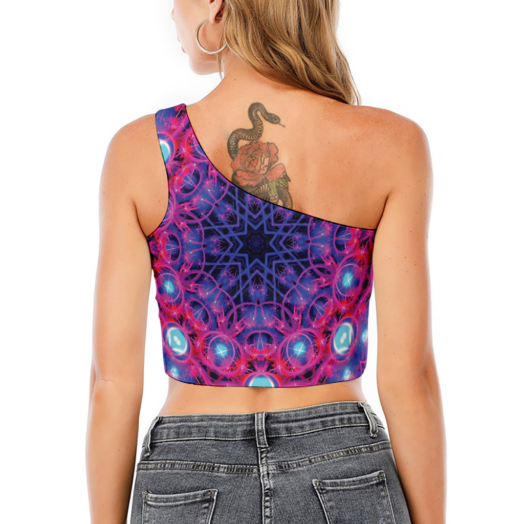 Purple And Blue Light Mandala Print One Shoulder Crop Top