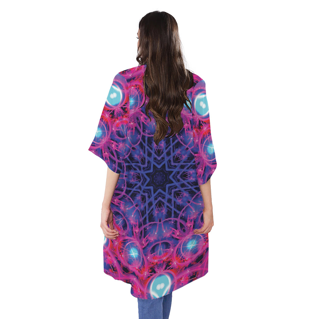 Purple And Blue Light Mandala Print Open Front Beach Cover Up