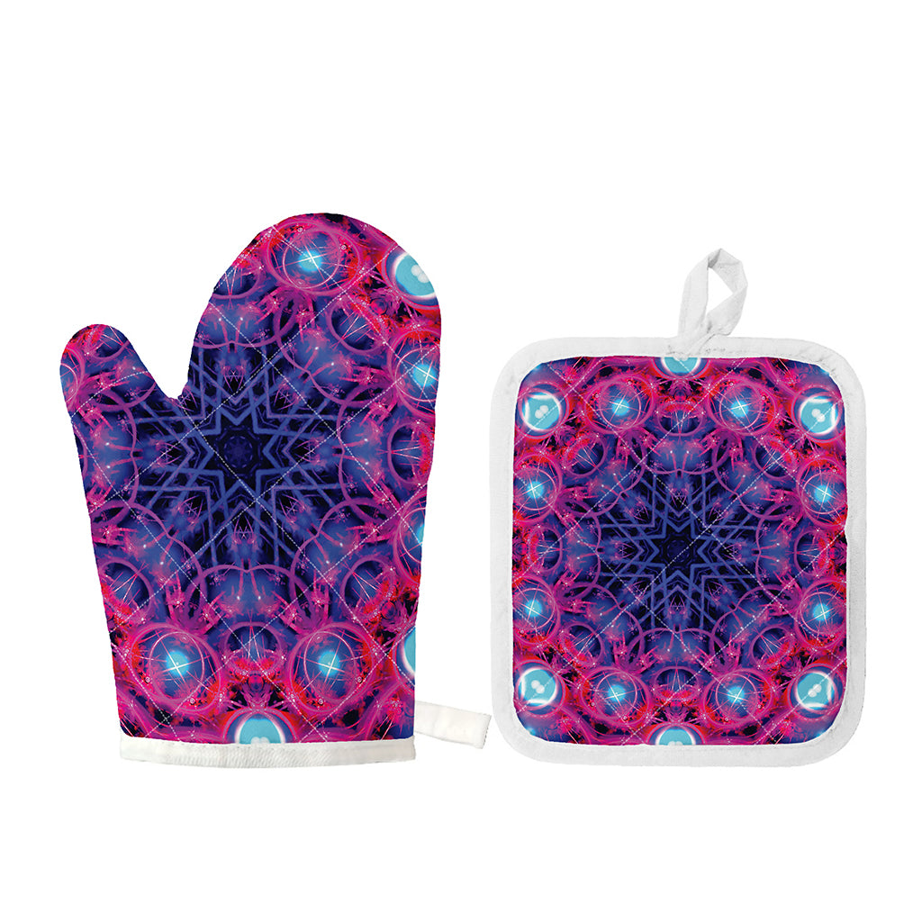Purple And Blue Light Mandala Print Oven Mitt And Pot Holder Set