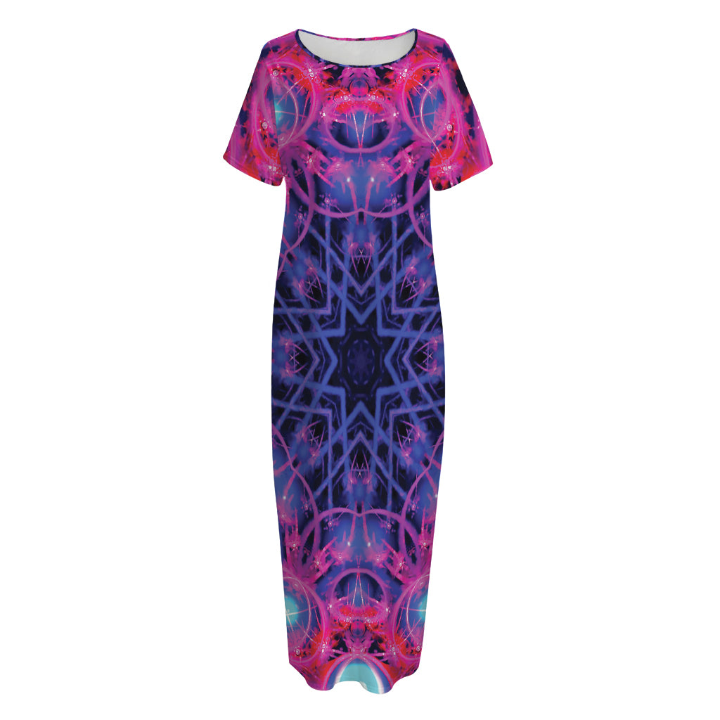 Purple And Blue Light Mandala Print Short Sleeve Long Nightdress