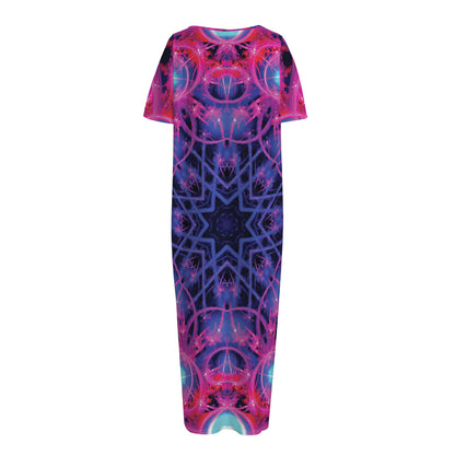 Purple And Blue Light Mandala Print Short Sleeve Long Nightdress